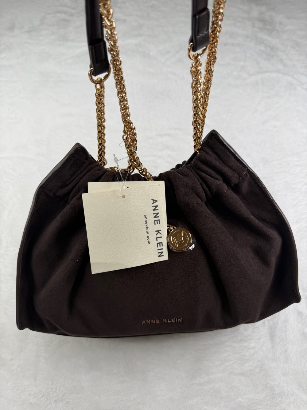 Anne Klein Chocolate Brown Shoulder Drawstring Bag with Gold Chain